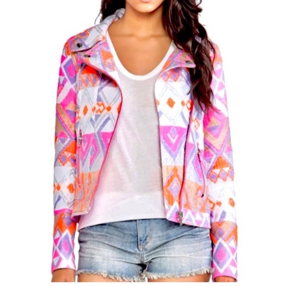 Chaser Mahlia Textured Moto Jacket Aztec Print, Metallic and Neon accents - Picture 2 of 11